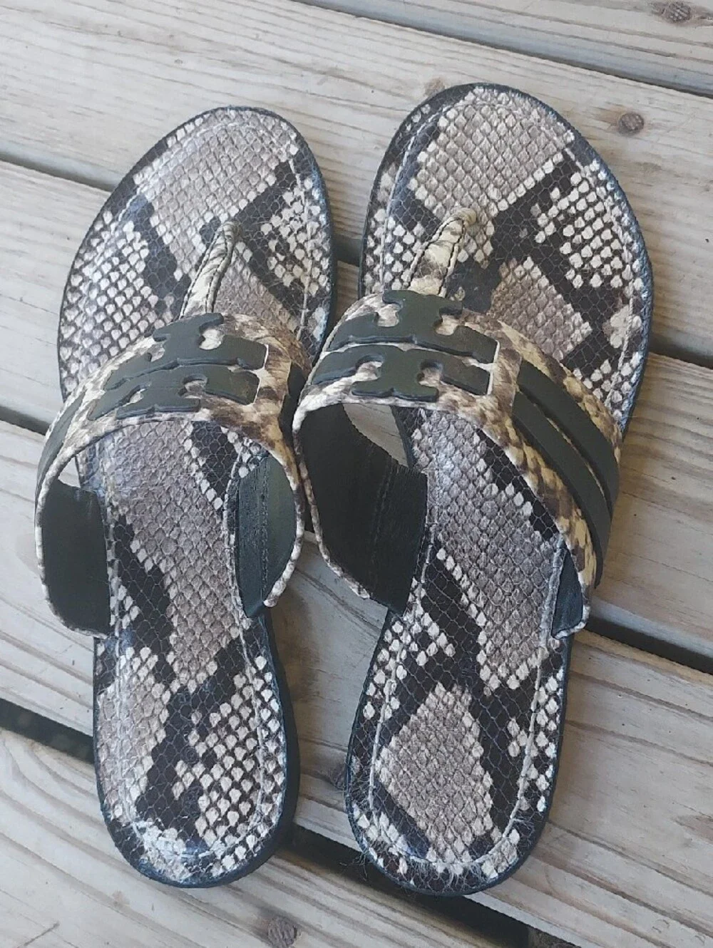 Tory Burch Snake-Print Logo Slide Sandals in Black and Cream